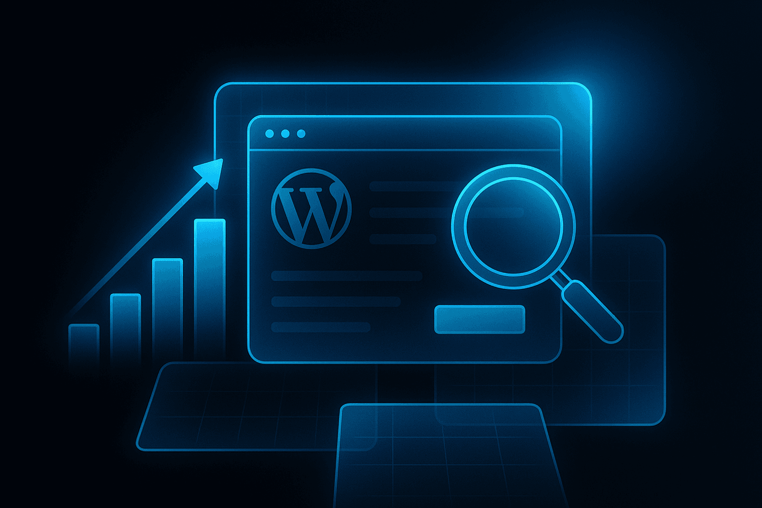 A web designer reviewing WordPress layout wireframes on a desk with a laptop